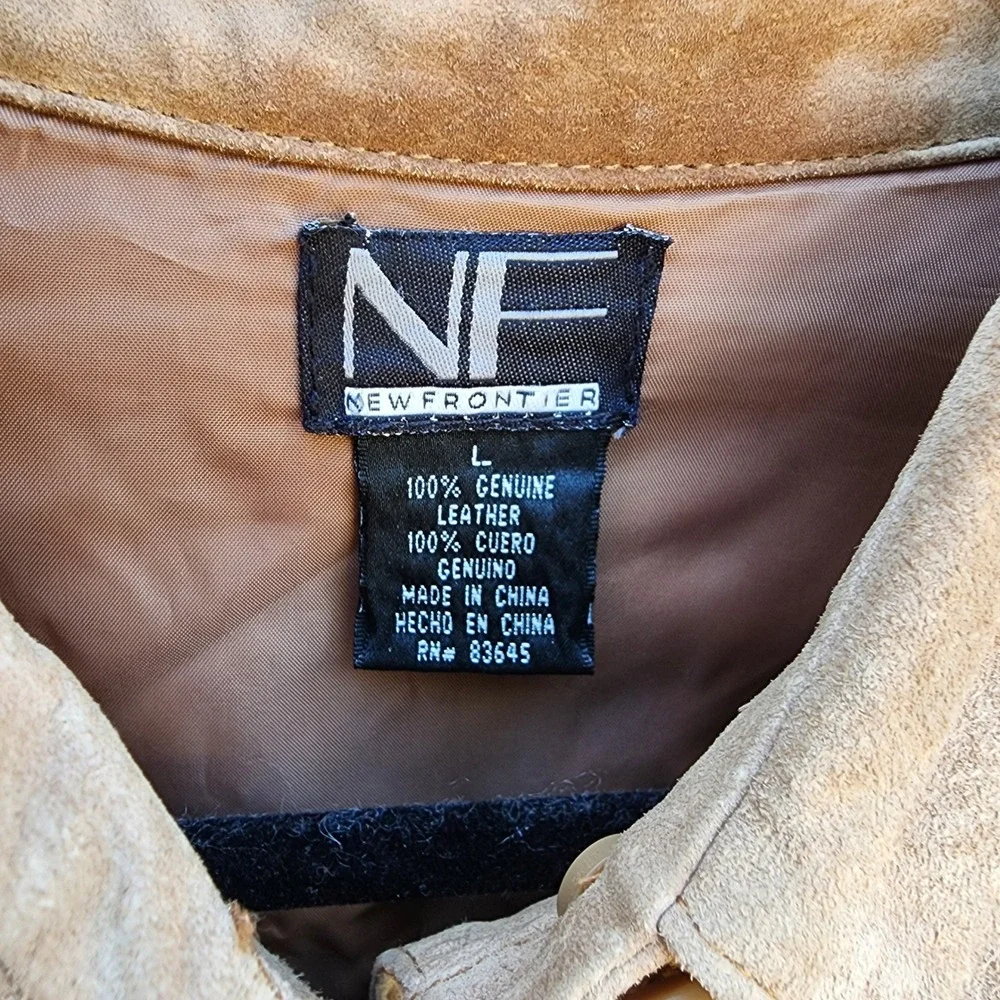 New Frontier Large Tan 100% Suede Leather Shirt Jacket Western Boho Minimalist